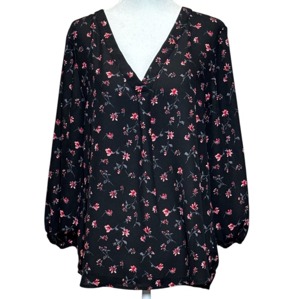 Yonett + Claire Top Size M Womens Black Floral Pink V-Neck Blouse Long Sleeve